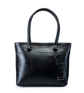 Sac cabas en cuir véritable pour femme, motif Saffiano, fermeture à rabat, deux poignées, style classique, usage quotidien, noir - Product Image 3