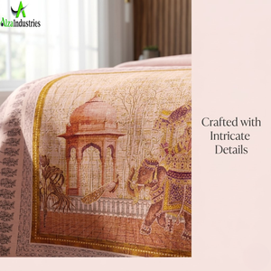 Pink Cotton King Size Bedsheet <b>Set</b> | 3 Piece Royal Elephant Mughal Panel Print <b>Bedspread</b> with Pillow Covers Soft Luxury Bedding - Product Image 5