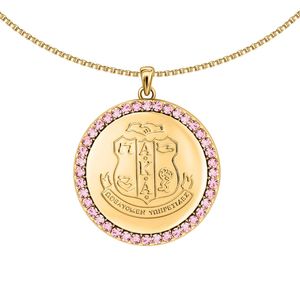 Gold Round Medallion Pendant <b>Necklace</b> with Pink Crystal Halo Fine Chain Elegant <b>Statement</b> Jewelry for Women Fashion Party - Product Image 3