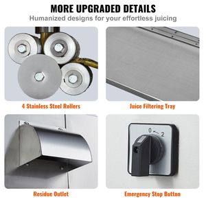 Extractor de Jugo de Caña de Azúcar Eléctrico Comercial de 800W, Alto Rendimiento 661LBS/H, 4 Rodillos de Acero Inoxidable, Prensa Automática - Product Image 6
