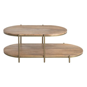 Ensemble de tables basses ovales industrielles modernes, finition dorée, avec plateau naturel, durables et écologiques, pour salon. - Product Image 5