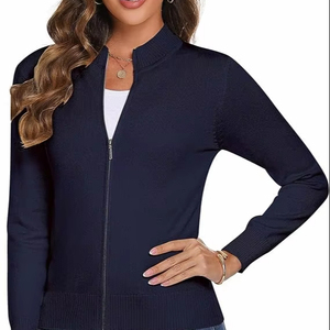 <b>Women's</b> <b>Navy</b> Blue Zipper <b>Cardigan</b> Full Sleeve Stand Collar Solid Color Knitted Sweater Casual Winter Wear 100% Acrylic - Product Image 1