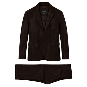 Traje de cuero negro para hombre, pantalones largos de corte ajustado con botones y frente plano, elegante y moderno para negocios. - Product Image 4
