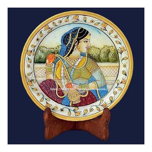 <b>Elephant</b> Theme White Marble Gold Painted Plate White Makrana Marble Plate for <b>Gifts</b> Historical Picture Marble Gold Painted Plate - Product Image 6