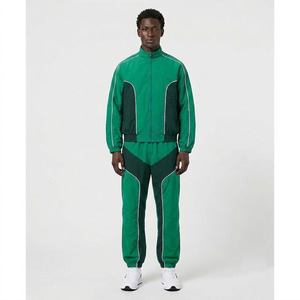 Trendy Streetwear Green Two-Piece Set, Color-Block Windbreaker Jacket and Long <b>Pants</b>, Unisex Athleisure Sportswear Outfit - Product Image 3