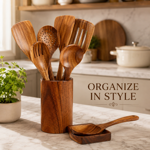 Ensemble d'ustensiles de cuisine en bois d'acacia avec support, repose-cuillère, spatules en bois, cuillères, outils de cuisine |   Articles de cuisine artisanaux en gros - Product Image 2