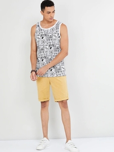 Camiseta sin mangas con estampado geométrico para hombre, cuello redondo, informal, transpirable, de algodón, con diseño blanco y gris - Product Image 1
