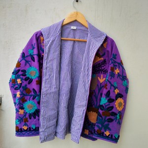 Handcrafted <b>Purple</b> Woolen Velvet Jacket Kashmiri Aari Embroidery Bohemian Winter <b>Cardigan</b> Coat Short Blazer Festival Wear - Product Image 1