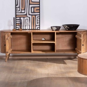 Meuble TV style Vandana Ivory, grand modèle 175 cm, design vintage arrondi, en bois d'acacia massif Boomer, avec 2 portes et 2 niches - Product Image 3