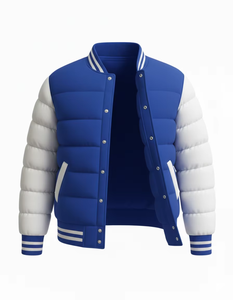 <b>Men</b>’s Royal Blue & <b>White</b> Varsity Puffer <b>Jacket</b> Winter Quilted Bomber Coat Snap Button Streetwear Custom Logo - Product Image 5