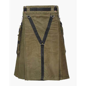 Tablier plat élégant en coton vert olive pour homme, style kilt, avec anneaux en D et poches amovibles 2026 - Product Image 1