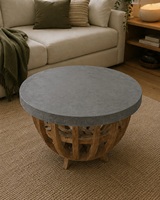 Table basse ronde moderne de style mid-century avec plateau en béton et base en bois, mobilier minimaliste pour salon, design artisanal, modèle TAB46