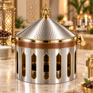 Plat à chafing de luxe de style arabe en acier inoxydable et bois avec couvercle conique en forme de palmier - Product Image 2