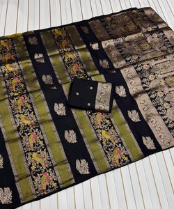 Sari traditionnel en tissu Meenakari, sari de créateur en tissu Chinya de qualité supérieure, sari jacquard motif oiseau royal, pallu élégant motif paon - Product Image 3