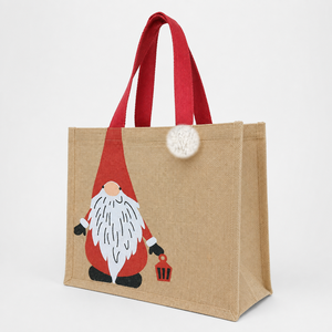 Sac fourre-tout de Noël en jute laminé avec imprimé Père Noël, pompon suspendu, 35,5x31,5x14,5 cm, poignée en coton rouge, logo personnalisé, vente en gros - Product Image 4