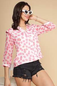 Off-The-Shoulder Ruffle Chiffon Top <b>Tropical</b> Print Short Sleeve Loose Fit Casual Summer Women's Breathable Top - Product Image 4