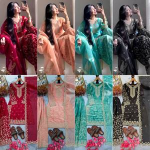 ชุดชาราร่าผ้าไหมชิโนนอินเดียปากีสถานสวยงามบริสุทธิ์ ชุดชาราร่าแบบหนาสำหรับงานปาร์ตี้ งานแต่งงาน ชุดลำลองสำหรับผู้หญิง - Product Image 6