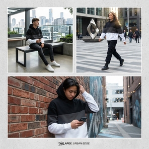 <b>Mens</b> Black <b>Grey</b> Color Block Hoodie Fleece <b>Sweatshirt</b> Custom Logo Streetwear Casual Oversized Pullover - Product Image 6