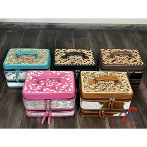 Sac de voyage cosmétique en cuir de vachette véritable fait main avec bandoulière, élégant, portable, double compartiment pour bijoux - Product Image 1
