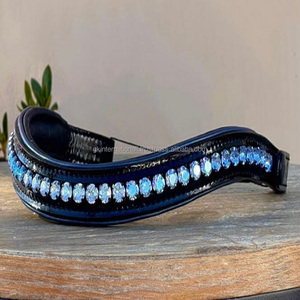 Banda para cejas de caballo de charol de lujo con acabado negro de alta calidad con cristales grandes azul zafiro y forro a juego cosido - Product Image 4