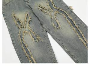 Jeans en denim ample et décontracté pour homme, couleur unie, effet usé, 100% coton, respirant, écologique, hiver/printemps, personnalisé, haute qualité - Product Image 3