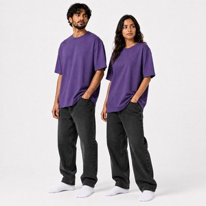Camiseta Oversize de Algodón Morado con Cuello Redondo y Manga Corta para Hombre y Mujer, Estilo Casual, Color Sólido, Tejido de Punto Jersey, Corte Regular, Unisex, Top Streetwear - Product Image 2