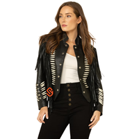 Veste en cuir noir style natif pour femme, avec franges de perles et clous argentés, surpiqûres, manteau western de cowgirl, vêtement d'extérieur fait main, USA