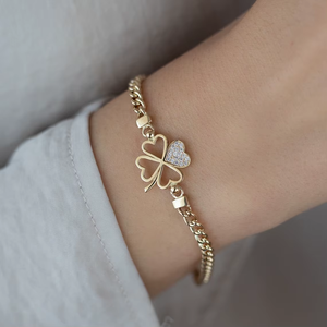 Pulsera de Moda de Oro Real de 14K con Diamantes de Laboratorio, Diseño de Corazón y Trébol de la Suerte, Cadena de Eslabones y Cadena Curb, Regalo Elegante para Mujer - Product Image 1