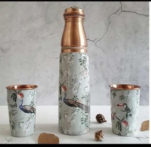 Artistic print Copper Water <b>Bottle</b> With Paisley Design Oriental Style Metal <b>Flask</b> With Lid Eco-Friendly Home Drinkware Set - Product Image 3