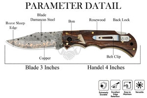 New Edition Copper Damascus Handmade Back <b>Lock</b> Folding Knife Stag Horn Rosewood Steel Bolster Handle Outdoor Hunting Knife - Product Image 3