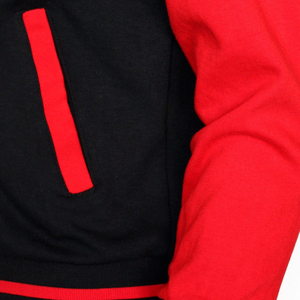 Chaqueta Varsity con Capucha para Mujer, Diseño Color Block en Contraste Negro y Rojo, Manga Larga, Cierre de Botón, Otoño - Product Image 4