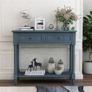 Consolle dal Design Tradizionale con Due Cassetti e Ripiano Inferiore in Legno Teak Blu Navy per Ingresso Casa, Appartamento, Hotel, Tavolino Laterale - Product Image 2