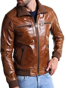 เสื้อแจ็คเก็ตหนังสีน้ำตาลเงาสำหรับผู้ชาย - Product Image 1