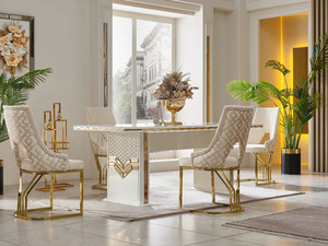 Ensemble de salle à manger moderne de luxe en fer, table rectangulaire en acier inoxydable doré avec 6 chaises, mobilier contemporain pour villa et cuisine - Product Image 3