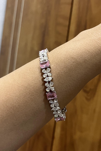 Pulsera elegante de plata con corte esmeralda rosa, moissanita con apariencia de diamante, detalles de marquesa y pera, tipo tenis, para mujer. - Product Image 2