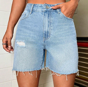 Shorts de mezclilla de cintura alta para mujer, casuales, desgastados, azul claro, con dobladillo deshilachado, para verano - Product Image 4