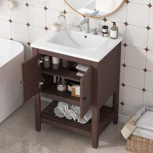 Meuble-lavabo de salle de bain moderne et élégant de 24 pouces en céramique, cadre en bois massif, étagère ouverte, vidéo (ancien JL000004AAD-1 SKU) - Product Image 2