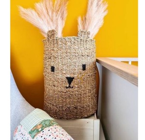 Eco Friendly Bear Face Seagrass <b>Storage</b> <b>Basket</b> Unique Animal <b>Wicker</b> Laundry Hamper Kids Room Floor Blanket Holder Bin - Product Image 3