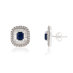 High End Premium Quality 14K Real White Gold Blue Sapphire & Diamond Double Cluster Push <b>Back</b> Stud <b>Earrings</b> For Women' Jewelry - Product Image 3
