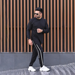 Men's <b>Black</b> <b>Long</b> Sleeve O-Neck <b>T</b>-<b>Shirt</b> Regular Fit Knitted 100% Cotton Casual Solid Color Contrast Trim Front Quick Dry - Product Image 6