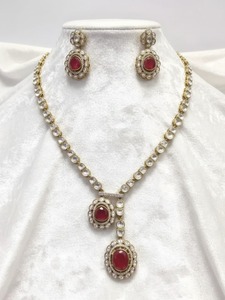 Luxury <b>Ruby</b> Red Pendant <b>Necklace</b> Set Gold Plated Kundan Polki Bridal Wedding Jewelry with Matching Earrings for Women - Product Image 1
