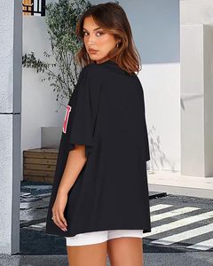 Camiseta informal de algodón de corte holgado con cuello redondo y manga corta con estampado de letras Boston negra para mujer - Product Image 6