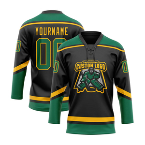 Maillot de hockey sur glace personnalisable imprimé pour équipes – Vert, Noir, Jaune – Col en V, Manches longues, Séchage rapide, Respirant, Anti-humidité - Product Image 2