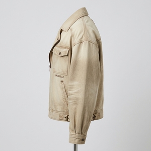 Blouson Biker Homme en Toile Lavée Beige Sable avec Fermeture Éclair Asymétrique, Style Vintage Usé, en Coton Épais, Col Revers, Veste Décontractée Type Trucker - Product Image 4