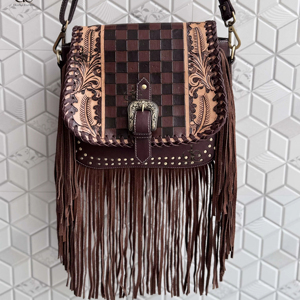 High Quality Fringe Handbag Hand <b>Tooled</b> Carving <b>Leather</b> Bag Gypsy Boho Checkers Handmade Real <b>Leather</b> Western Multi Uses Bag - Product Image 1