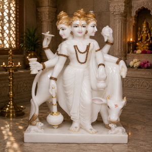Estatua de Lord Dattatreya en Mármol Blanco con Vaca Kamadhenu |   Murti de Dattatreya de Mármol Hecho a Mano para Templo |   MALIYAS - Product Image 1