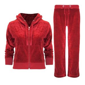 Ensemble de survêtement long 2 pièces pour femme en velours à carreaux vintage d'hiver, à capuche, manches longues, fermeture éclair, écologique et respirant - Product Image 1