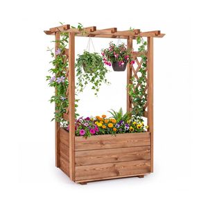 Fioriera Rialzata in Legno di Pino Naturale con Traliccio e Tetto Sospeso Arancione, Vaso da Giardino Rialzato in Legno con Drenaggio per Edifici da Giardino - Product Image 1