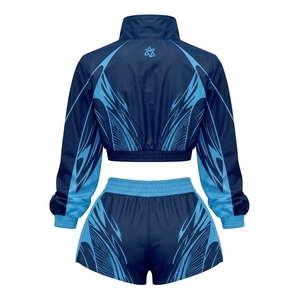 Ensemble veste coupe-vent et short multicolores pour femmes, manches longues, polyester tricoté, logo personnalisé, vêtements de sport pour femmes, ensembles respirants - Product Image 3