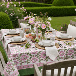 Mughal Pink Green 10 Seater <b>Tablecloth</b> 180x270cm Handcrafted Block Printed 100% Cotton Wedding Dining Home Decor Style - Product Image 6